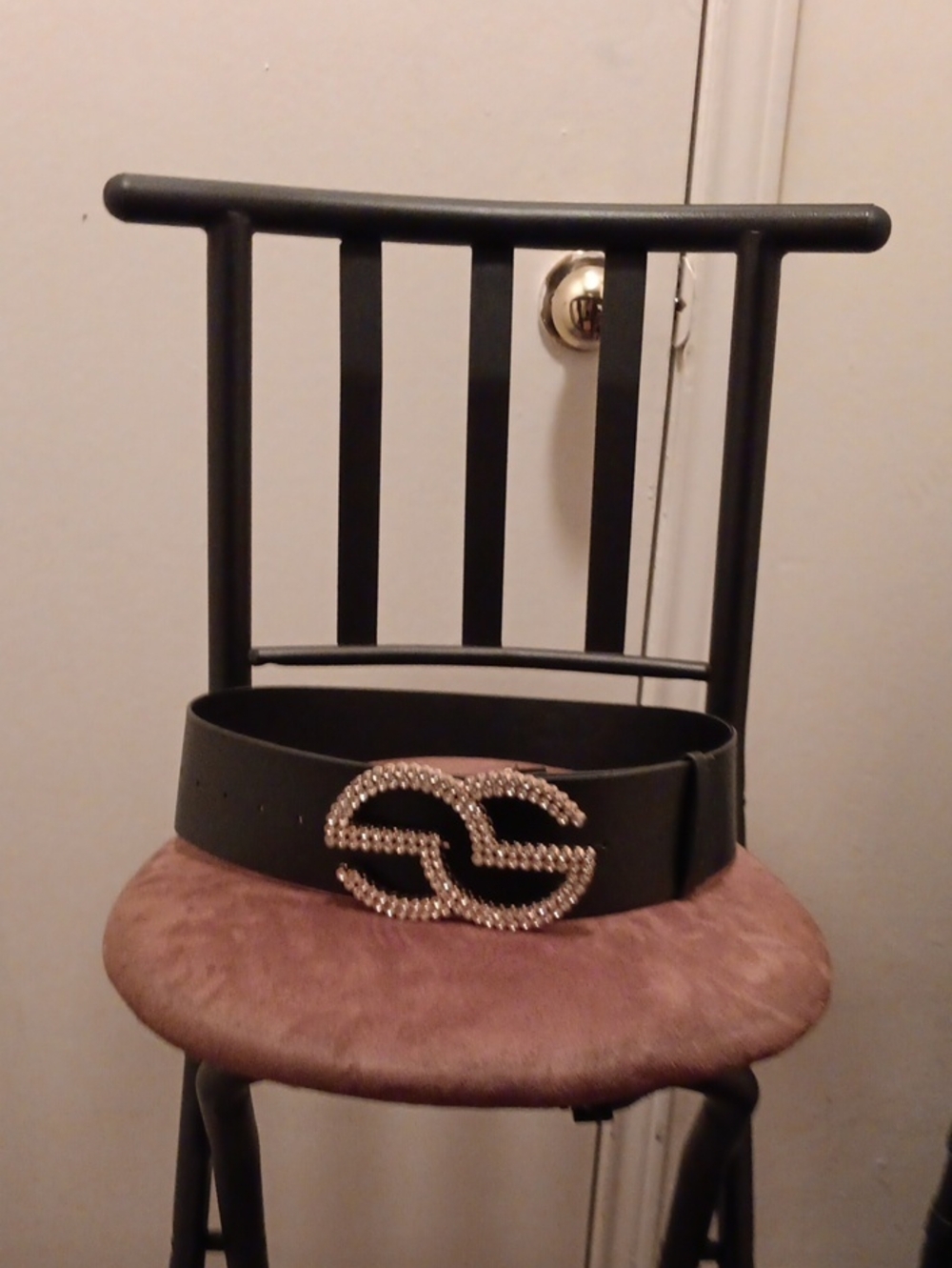 Black Women's Belt with Gold Crystal Buckle